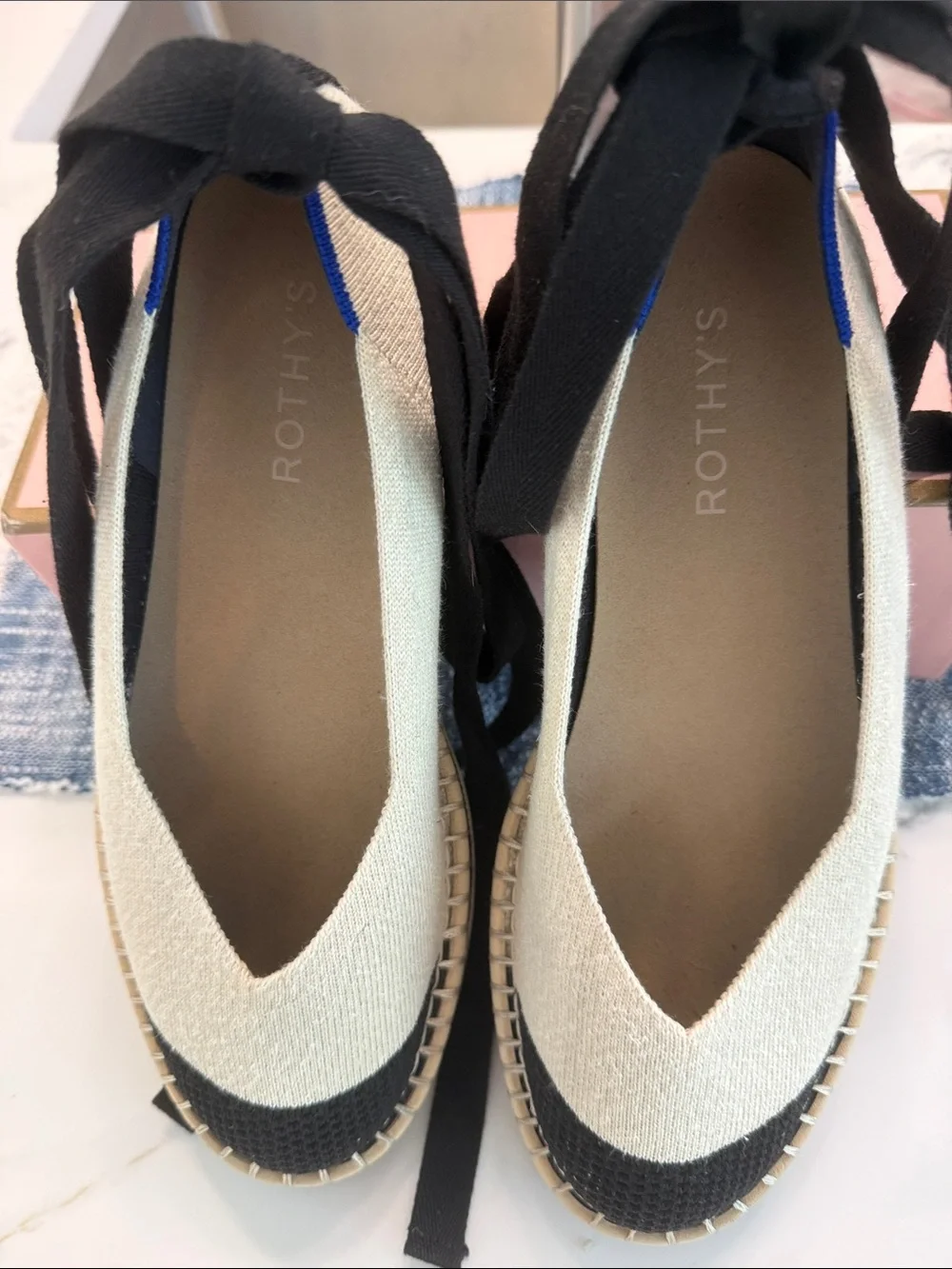 Rothy's Cream & Black Espadrille Tie-Back Flats